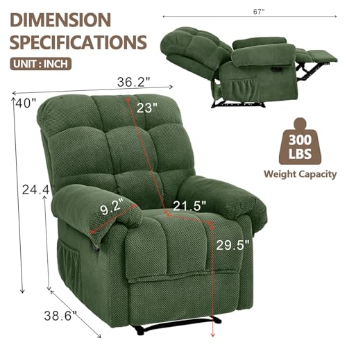 Small Recliner Chair with Side Pockets, Green Fabric RV Recliner for Adults, Traditional Manual Recliners Chair for Small Spaces, Reclining Chairs for Living Room Bedroom, Overstuffed (Green)