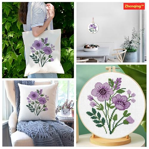 Zhenqing Purple Floral Bouquet Cross Stitch Kit for Beginners - 11CT 24x24cm Pre-Printed Pattern with Embroidery Hoop, Threads & Tools(70523)