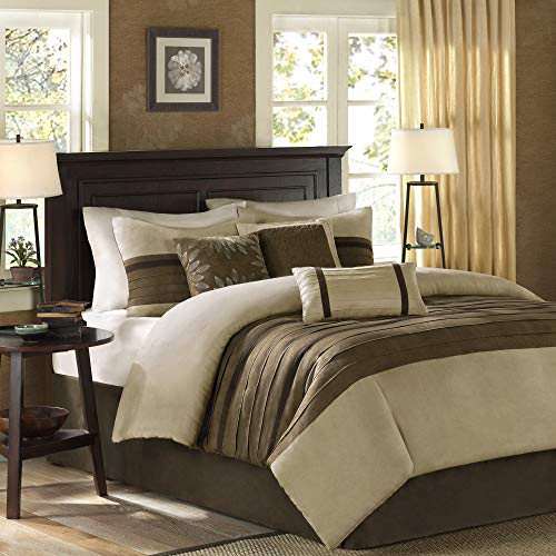 Madison Park Palmer Comforter Set - Faux Suede Design, Striped Accent, All Season Down Alternative Bedding, Matching Shams, Decorative Pillow, Bed Skirt, King (104 in x 92 in), Natural 7 Piece Madison Park