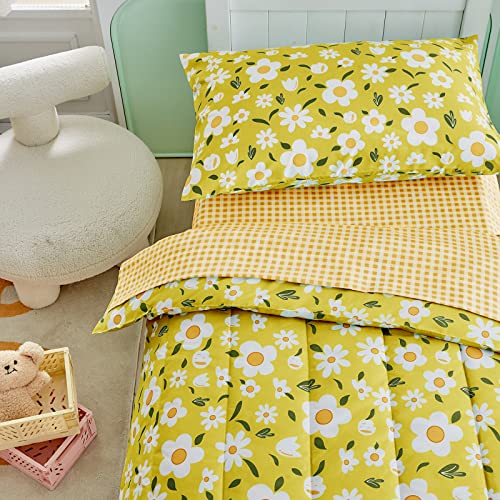 Uozzi Bedding 4 Pieces Yellow Girls Toddler Bedding Set White Floral Style - Includes Adorable Quilted Flower Comforter, Fitted Sheet, Top Sheet, and Pillow Case for Girls Bed UOZZI BEDDING