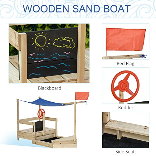 Outsunny Kids Wooden Sandbox with Cover, 71" Kids Sandbox w/Flag, Canopy Shade, Bottom Liner, Blackboard, Outdoor Sand Pit for 3-8 Years Old, Natural Wood Outsunny