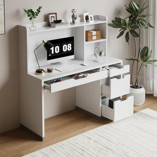 MaverickFurni White Desk with Hutch and Drawers, 53 Inch Computer Desk with Storage File Drawer, White Study Desk with 4 Drawers for Bedroom, Small Space MaverickFurni