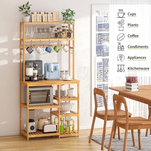 BMOSU Bakers Rack Bamboo for Kitchen with 12 S-Shaped Hooks Coffee Bar Table Kitchen Microwave Stand Open Storage Shelves Utility Storage