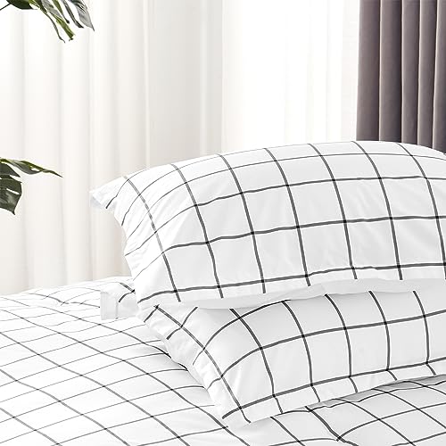 SLEEP ZONE Dorm Comforter Twin XL, 5 Pieces Geometric Plaid Pattern Printed Soft Microfiber Bedding, Breathable & Soft Bed in A Bag (Grey Grid White, Twin XL) SLEEP ZONE