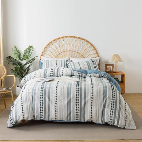 Washed Cotton Twin Size Duvet Cover Set - Tufted Dots Boho Chic Bedding for All Seasons, Striped Bohemain Bedding Linen Like Textured Breathable Durable Soft Comfy (Blue, 66''x90'') La Sheer
