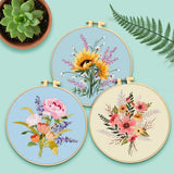 ERKOON Embroidery Kit for Beginners, 5 Sets Flower Cross Stitch Set for Adults Include Embroidery Cloth Hoops Threads for Craft Lover Hand Stitch with Skill Techniques (Bouquet)
