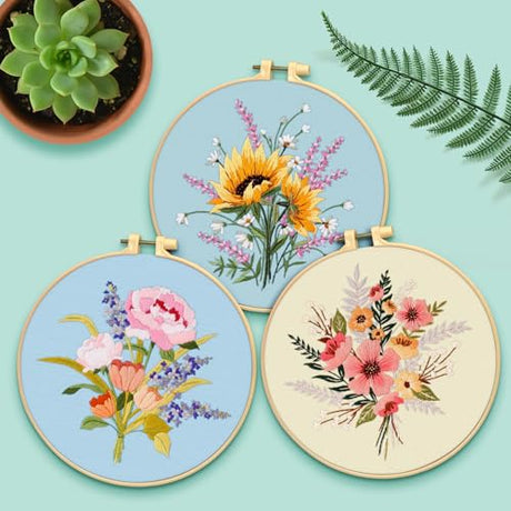 ERKOON Embroidery Kit for Beginners, 5 Sets Flower Cross Stitch Set for Adults Include Embroidery Cloth Hoops Threads for Craft Lover Hand Stitch with Skill Techniques (Bouquet) ERKOON