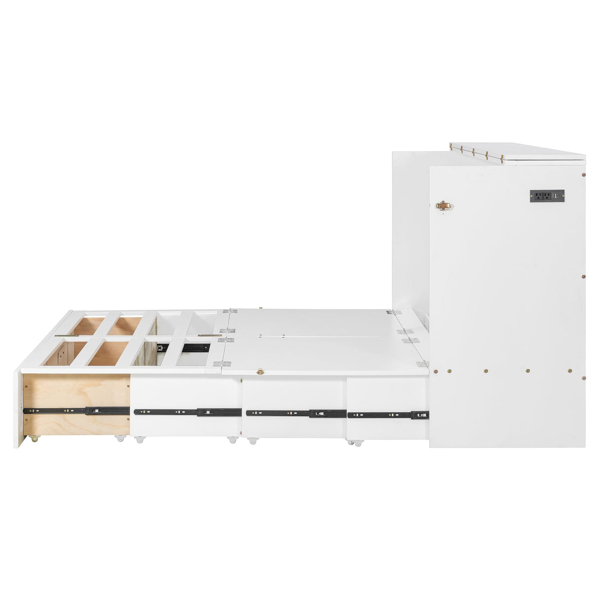 P PURLOVE Queen Murphy Bed, Modern Cabinet Bed with Drawer, A Set of Sockets and USB Ports, Wood Murphy Bed Frame for Adult, Teenager, Pulley Structure Desig (White) P PURLOVE