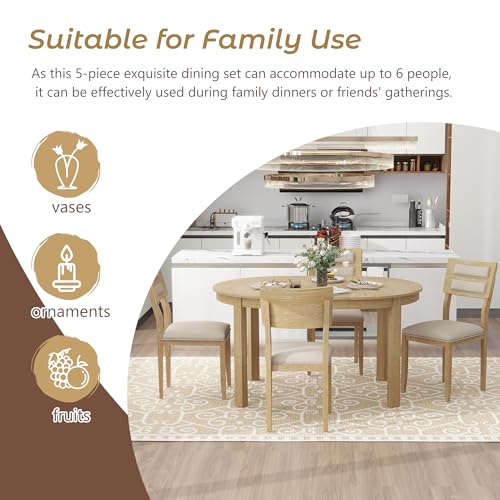 Merax Farmhouse Wood 5-Piece Multifunction Dining Set, 56 inch Extendable Round Table with Storage Drawers, 4 Upholstered Chairs for Kitchen, Natural Wood Wash - WoodArtSupply