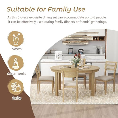 Merax Farmhouse Wood 5-Piece Multifunction Dining Set, 56 inch Extendable Round Table with Storage Drawers, 4 Upholstered Chairs for Kitchen, Natural Wood Wash - WoodArtSupply