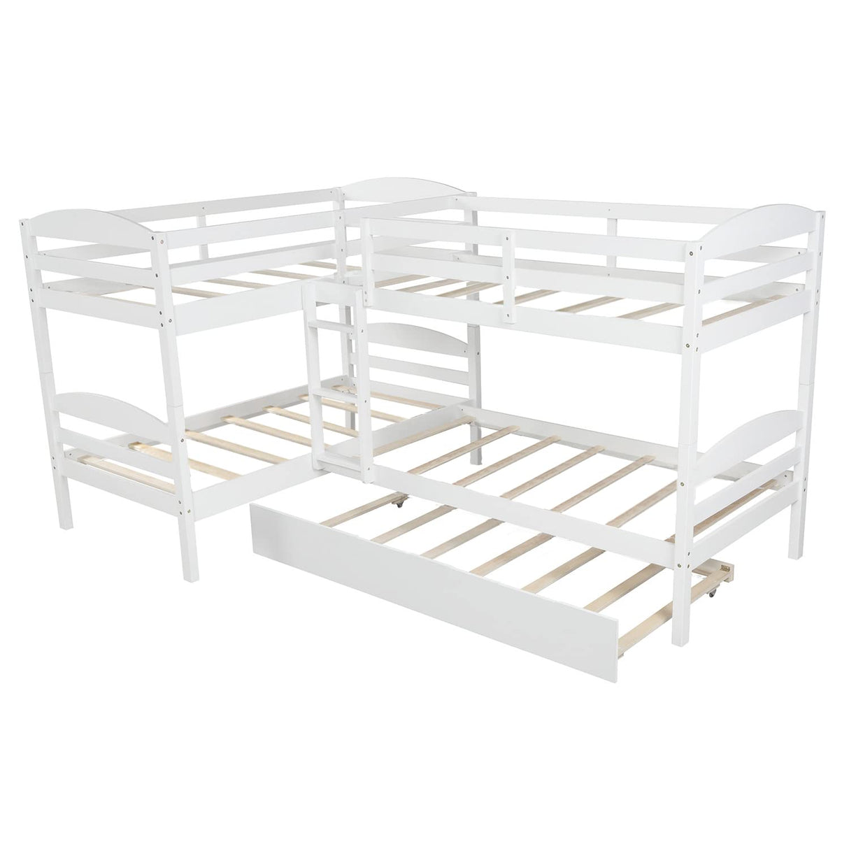 Harper & Bright Designs Quad Bunk Bed with Trundle, L Shaped Bunk Bed for 4 Kids, Wooden Twin Bunk Bed Frame for Kids Teens Adults - White Harper & Bright Designs
