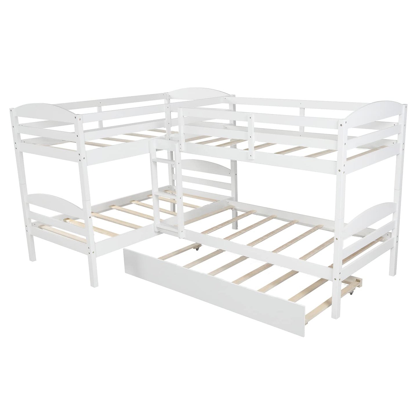 Harper & Bright Designs Quad Bunk Bed with Trundle, L Shaped Bunk Bed for 4 Kids, Wooden Twin Bunk Bed Frame for Kids Teens Adults - White