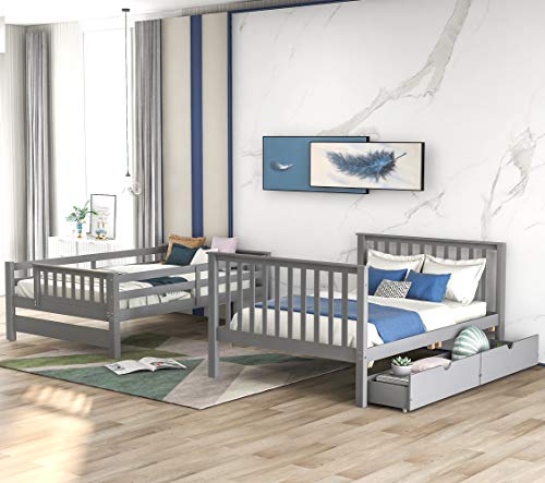 MERITLINE Solid Wood Bunk Bed with Staircase Storage, Full Over Full Bunk Bed with Drawers for Kids, Teens & Adults, Space Saving Design (Gray) MERITLINE