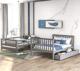 MERITLINE Solid Wood Bunk Bed with Staircase Storage, Full Over Full Bunk Bed with Drawers for Kids, Teens & Adults, Space Saving Design (Gray) MERITLINE