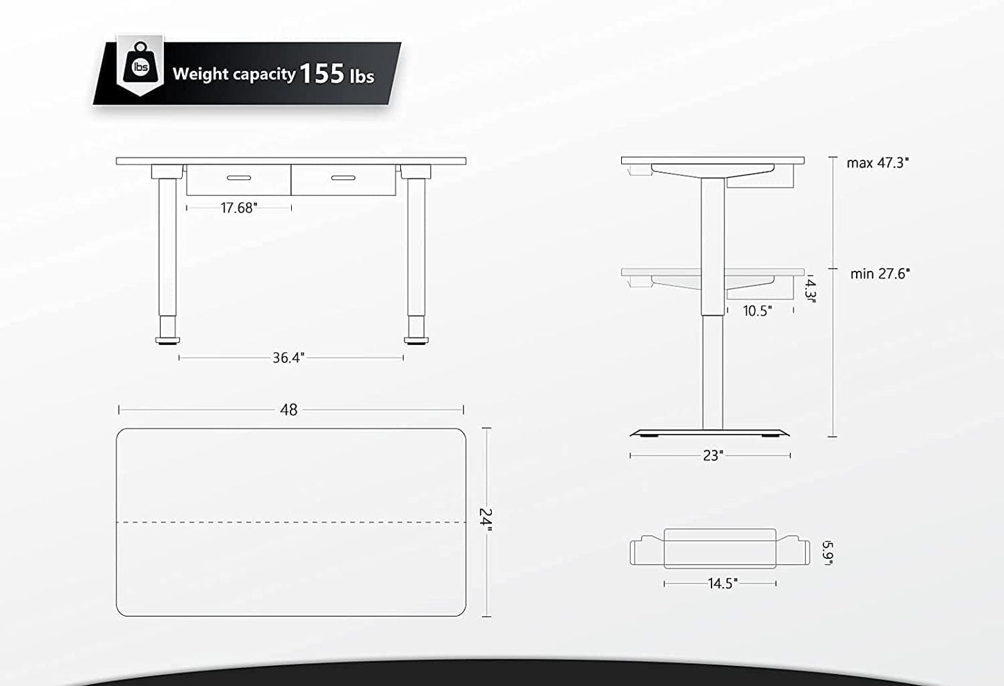 BANTI 48'' Adjustable Height Electric Standing Desk with Double Drawer, Stand Up Home Office Desk with Splice Tabletop, Black - WoodArtSupply