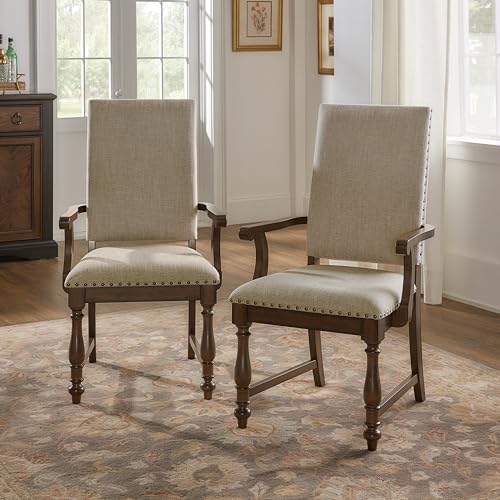 FEMICON Enhance Dining with Traditional Armchairs Set of 2, Beige Fabric Upholstery, Wooden Frame with Nailhead Trim FEMICON