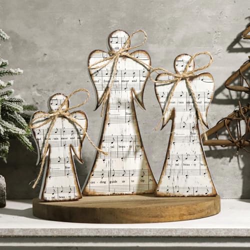 Treory Christmas Decorations Indoor, Rustic 3Pcs Angel Christmas Decor with, Angel Statue with Christmas Carols Background Christmas Table Decor for Home Farmhouse Indoor Holiday Party Decor