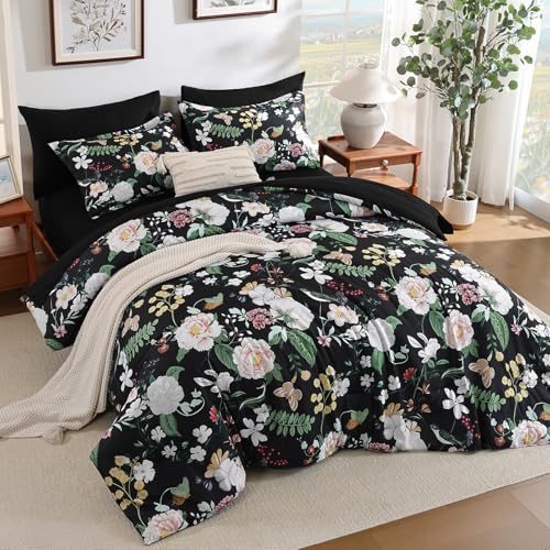 Anibedding 7Pieces Floral Queen Size Comforter Set, Garden Plant Flower Style Bed in a Bag Black White Bedding Comforter Set with Pillow Case for Bedroom Anibedding