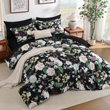 Anibedding 7Pieces Floral Queen Size Comforter Set, Garden Plant Flower Style Bed in a Bag Black White Bedding Comforter Set with Pillow Case for Bedroom Anibedding