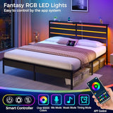 Rolanstar Bed Frame King Size with USB Charging Station, LED Bed Frame with Wood Storage Headboard, Black Metal Platform Bed with Under Bed Storage, No Box Spring Needed, Noise Free Rolanstar