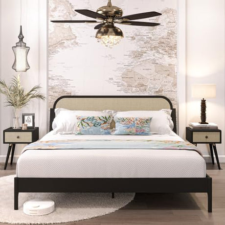 Bme Aurelia Black Solid Wood Bed Frame with Rattan Headboard - Bohemian & Mid Century Modern Style Bme