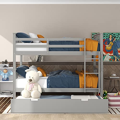 Merax Full Over Full Bunk Bed with Trundle, Convertible to Two Separate Beds, Solid Pine Wood Frame with Safety Guardrail & Headboard/Footboard, Sturdy Durable Design, No Box Spring Needed, Grey Merax