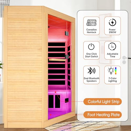 OUTEXER 2-3 Person Sauna Corner Sauna Far Infrared Saunas Room Home Canadian Hemlock Indoor 2100W Low-EMF Dry Saunas with 7 Color Therapy 47.2 * 47.2 * 74.8inch OUTEXER