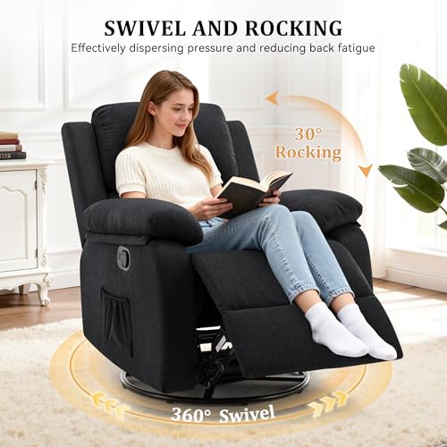 Korser Recliner Chair, 360 Swivel Rocker Chair for Adults, Small Rocking Recliner for Small Spaces, Upholstered Fabric Glider Recliner Nursery (Swivel Rocker Recliner, Charcoal Black)