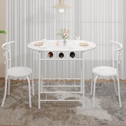 VECELO 3-Piece Dining Table Set for Kitchen Breakfast Nook, Faux Marbled Oval Tabletop and Metal Frame with Built-in Wine Rack, for Small Spaces, White VECELO