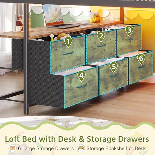 Dnxao Full Size Low Loft Bed with Desk,Full Size Bed Frame with 9 Storage Drawers, Kids Loft Bed with 15.8" H Safety Guardrail,Sofa,LED Lights & Charging Station,No Box Spring Needed,Rustic Brown Dnxao