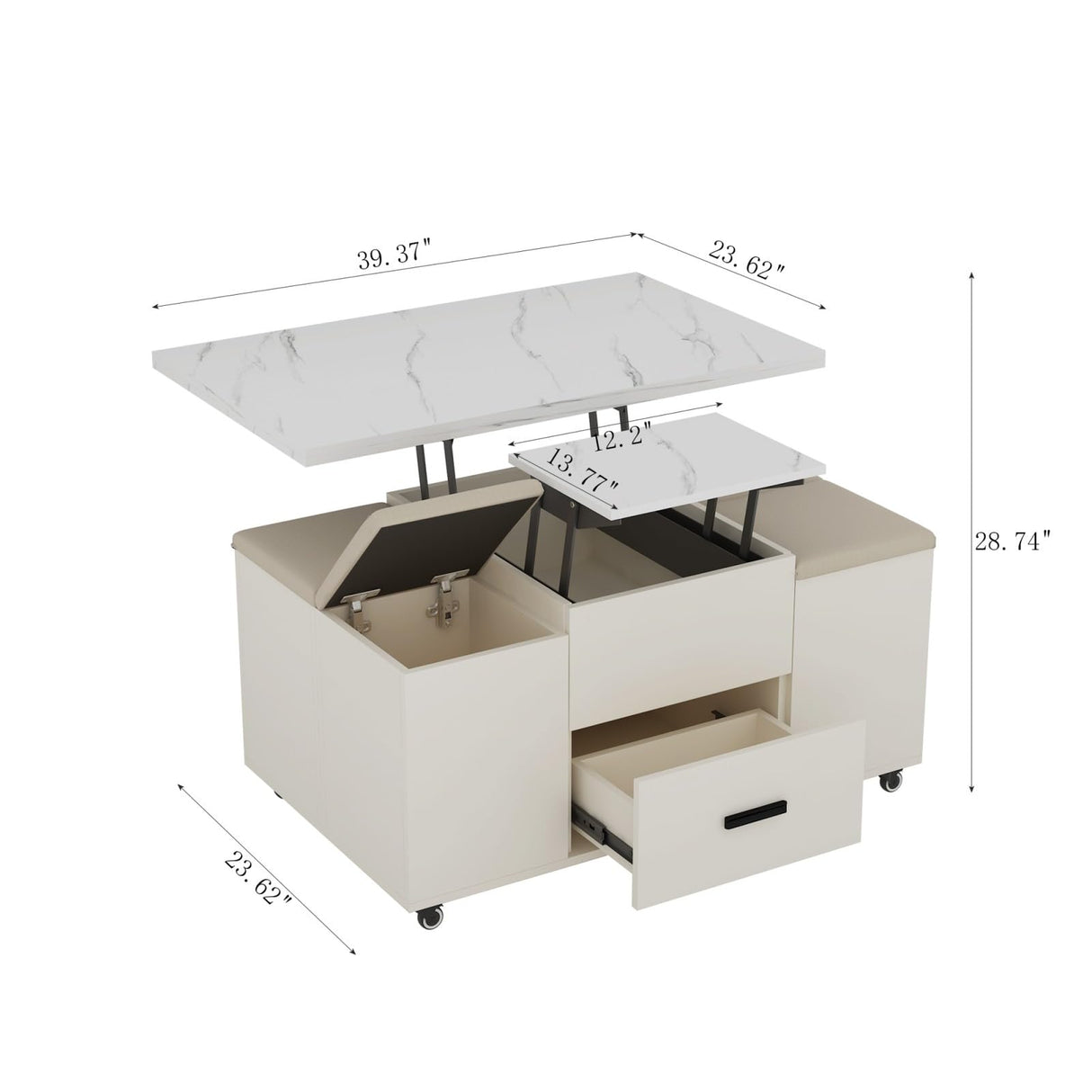 HEIGHYOXP Lift-Up Coffee Table with 4 Stools Set for Living Room Expandable 1 Hidden Storage + 2 Drawers Space Saving Folding Table HEIGHYOXP