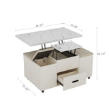 HEIGHYOXP Lift-Up Coffee Table with 4 Stools Set for Living Room Expandable 1 Hidden Storage + 2 Drawers Space Saving Folding Table HEIGHYOXP