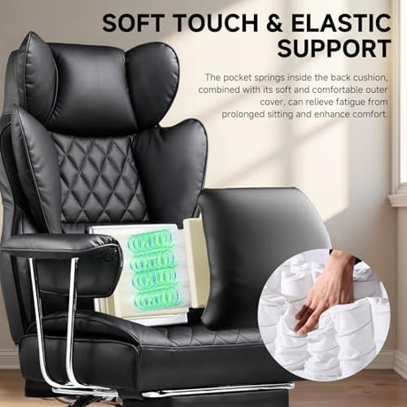COMHOMA Big and Tall Office Chair, High Back Leather Gaming Chair with Footrest, Executive Ergonomic Office Chair with Pocket Spring Lumbar Support and with Outward Fixed Soft Armrests COMHOMA