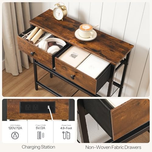 HOOBRO 29.5" Narrow Console Table with Power Outlet, Small Entryway Table with 2 Fabric Drawers, Behind Couch Table Sofa, 3-Tier Storage Shelves, for Living Room, Hallway, Rustic Brown BF72UXG01 HOOBRO