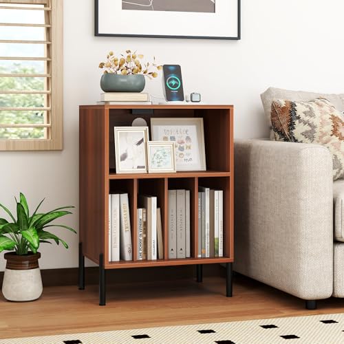 GOFLAME Record Player Stand with Charging Station, Turntable Stand Holds Up to 150 Albums, Vinyl Record Holder with 5 Storage Compartments and Metal Legs for Living Room Bedroom Office, Walnut GOFLAME