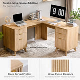 T4TREAM 60'' Fluted Executive L Shaped Desk, Modern Home Office Desk with Charging Station and File Drawer, Computer Corner Desks with Drawers & Storage Cabinet for Office Home, Bedroom, Natural Oak T4TREAM