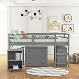Harper & Bright Designs Kids Low Loft Bed with Rolling Desk and Storage Cabinet, Twin Size Wood Loft Bed Frame with Bookshelf (Grey, Twin) Harper & Bright Designs