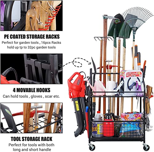 Mythinglogic Garden Tool Organizer for Garage, Yard Tool Rack with Wheels, Garage Organizers and Storage Holder for Yard Tools (Deluxe Tower) Mythinglogic