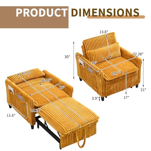 Majnesvon Modern Corduroy Fabric Sofa Bed Futon, 3 in 1 Convertible Pullout Bed Sleeper Couches with 3 Reclining Backrests, Small Sofa Chair Bed for Living Room Bedroom (Yellow) Majnesvon