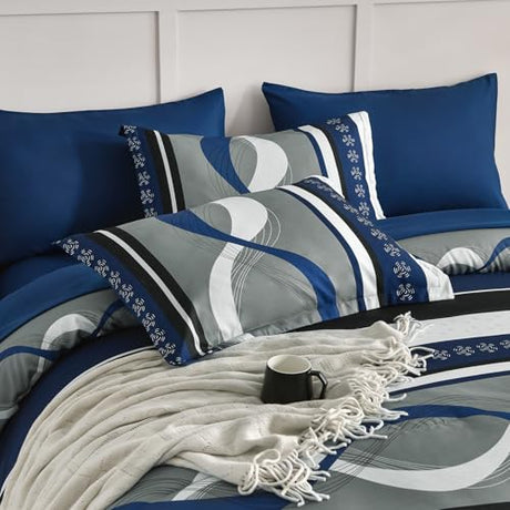 Anibedding Comforter Set King Size,8 Pieces Navy Blue Boho Bed in a Bag Patchwork Striped Comforter Set, Soft Microfiber Bedding Set for All Season(104"×90") Anibedding