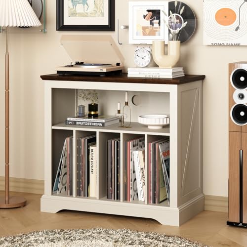RowyPoey Large Farmhouse Record Player Stand, Turntable Stand with Vinyl Storage, Wood Record Holder Storage Cabinet Dispaly Shelf for Living Room, Bedroom, Office, Antique White RowyPoey