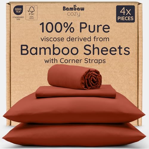 Bambaw 100% Viscose Derived from Bamboo Sheets Queen Size Set – 4pcs Cooling Sheets Queen, Luxury Bedding, Soft & Breathable, Deep Pocket Fits Up to 16'' Mattresses (Terracotta) Bambaw