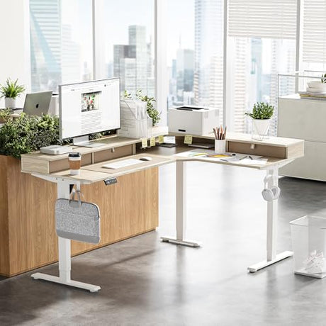 FEZIBO L Shaped Electric Standing Desk, 63 x 48inch Large with Drawers | Reversible Tabletop, 2 Memory Height Settings | Home Office & Gaming Height-Adjustable Table, Light Walnut （2 Packages） FEZIBO