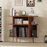 LSHUIZHU Mid Century Modern Record Player Stand with Storage - Large Round Vinyl Storage Cabinet Holds 150+ Records, Turntable Media Console with Fluted Display Shelf for Living Room Bedroom(Walnut) LSHUIZHU