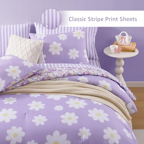 AMBERSPACE Twin XL Comforter Set for Girls, Purple Daisy Kids Bedding Set Reversible with Cute Floral, All Season Bed in a Bag Dorm 5 Pieces with Sheets, Pillowcase & Sham AMBERSPACE
