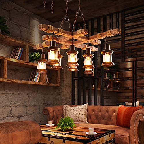 Farmhouse Chandelier Wood Hanging Pendant Lighting Vintage Ceiling Light Fixture 8 Heads for Bar Coffee Dining Table Kitchen Island Bar Easy to Install - WoodArtSupply