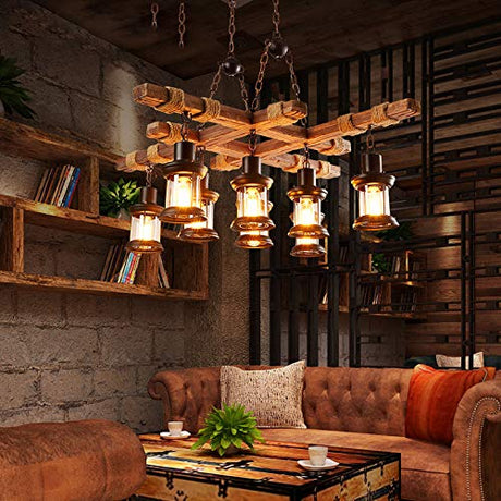Farmhouse Chandelier Wood Hanging Pendant Lighting Vintage Ceiling Light Fixture 8 Heads for Bar Coffee Dining Table Kitchen Island Bar Easy to Install iMeshbean