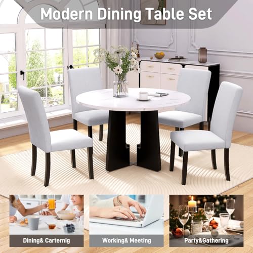Merax 5-Piece Round Dining Table Set, Modern 4 Upholstered Chairs for Living,Kitchen Room, 43 Inch, Beige+White Merax