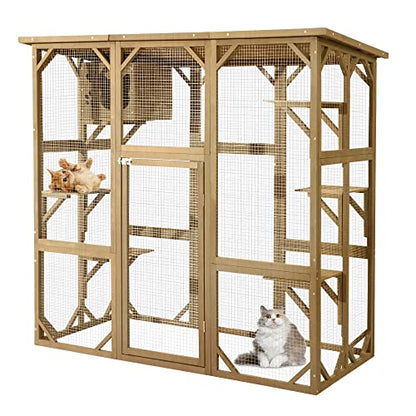 MAGIC UNION Large Fir Wooden Outdoor Indoor Catio Cat Enclosure with Weather Protection Roof with Cattery and 5 Platforms - WoodArtSupply