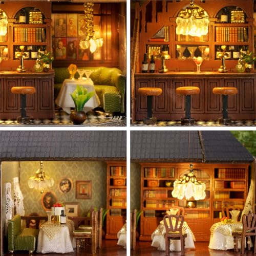 Miniature European-Style Chalet Cottage Dollhouse Kit Wooden Furniture, DIY Dollhouse Kit with LED Creative Room,Adult Teenager Children Gift (Garden Restaurant)